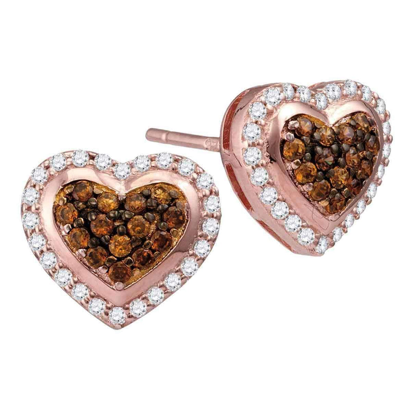 10k Rose Gold Women's Round Cognac-brown Diamond Heart Cluster Screwback Earrings - FREE Shipping (US/CA)-Gold & Diamond Earrings-JadeMoghul Inc.