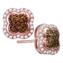 10k Rose Gold Women's Round Cognac-brown Diamond Quaterfoil Cluster Stud Earrings - FREE Shipping (US/CA)-Gold & Diamond Earrings-JadeMoghul Inc.