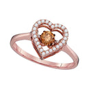 10k Rose Gold Women's Round Cognac-brown Diamond Solitaire Ring - FREE Shipping (US/CA)-Gold & Diamond Heart Rings-6-JadeMoghul Inc.