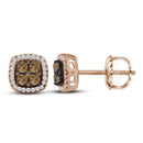 10k Rose Gold Women's Round Cognac-brown Diamond Square Cluster Earrings - FREE Shipping (US/CA)-Gold & Diamond Earrings-JadeMoghul Inc.