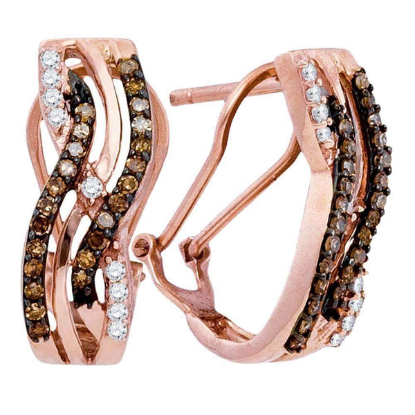 10k Rose Gold Women's Round Cognac-brown Diamond Striped Hoop Earrings - FREE Shipping (US/CA)-Gold & Diamond Earrings-JadeMoghul Inc.