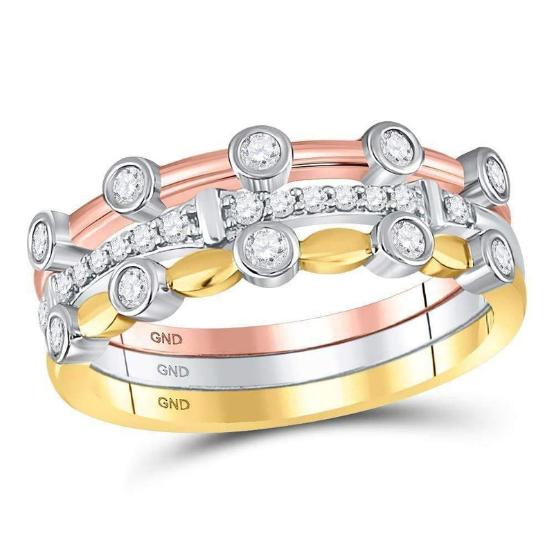 10k Tri-Tone Gold Women's Diamond 3-Piece Stackable Ring Set-Gold & Diamond Rings-JadeMoghul Inc.