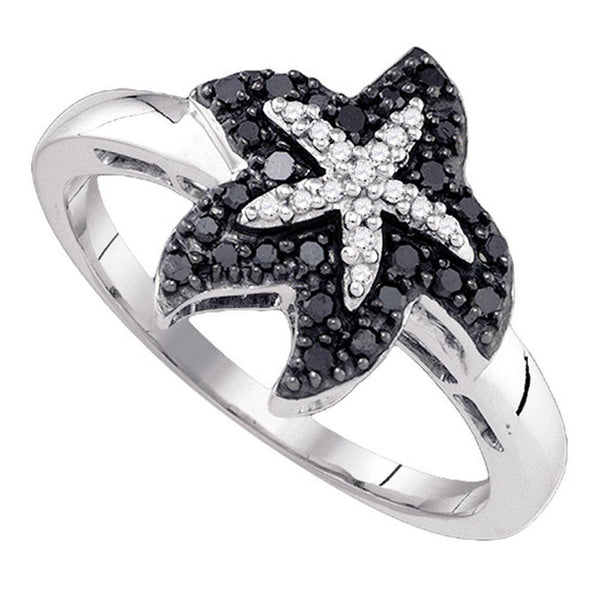 10k White Gold Black Color Enhanced Diamond Women's Starfish Nautical Animal Ring Unique 1/5 Cttw-Gold & Diamond Rings-JadeMoghul Inc.