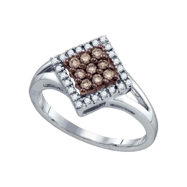 10k White Gold Cognac-brown Color Enhanced Diamond Women's Cluster Ring 1/4 Cttw-Gold & Diamond Rings-JadeMoghul Inc.