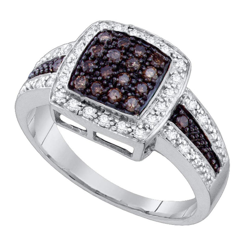 10k White Gold Cognac-brown Color Enhanced Diamond Women's Cluster Square-shape Cocktail Ring 1/2 Cttw-Gold & Diamond Rings-JadeMoghul Inc.