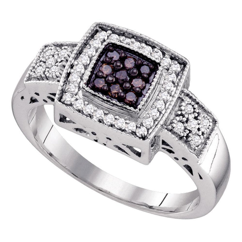 10k White Gold Cognac-brown Color Enhanced Diamond Women's Square-shape Cocktail Cluster Ring 1/3 Cttw-Gold & Diamond Rings-JadeMoghul Inc.