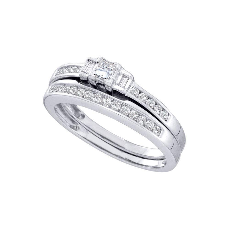 10k White Gold Princess Baguette 3-stone Diamond Women's Wedding Bridal Ring Set 1/2 Cttw-Gold & Diamond Wedding Jewelry-JadeMoghul Inc.