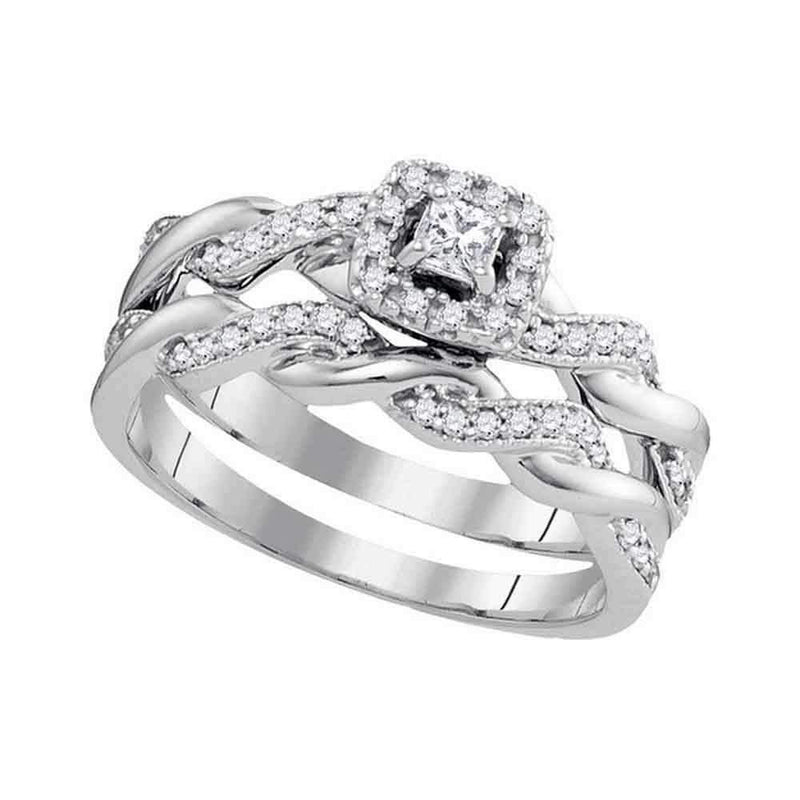 10k White Gold Princess Diamond Women's Halo Wedding Ring Set - FREE Shipping (US/CA)-Gold & Diamond Wedding Ring Sets-5-JadeMoghul Inc.