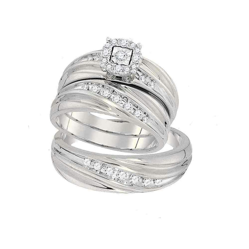 10k White Gold Round Diamond His & Hers Matching Trio Engagement Ring Set-Gold & Diamond Trio Sets-5-JadeMoghul Inc.