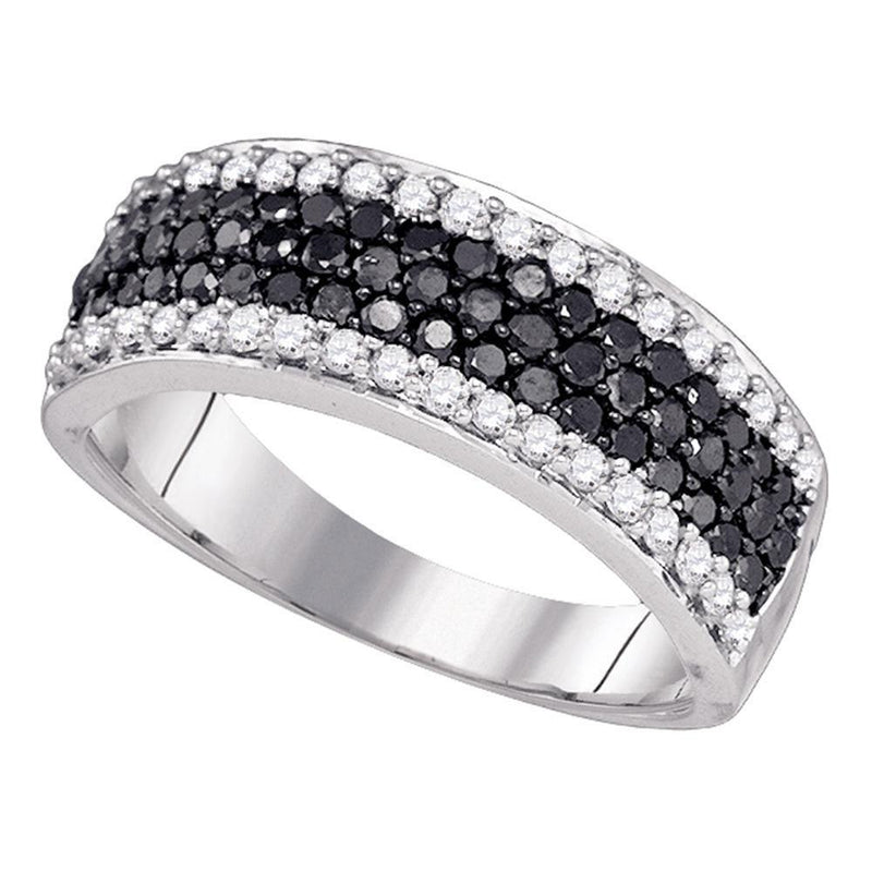 10k White Gold Women's Black Color Enhanced Diamond Striped Cocktail Band Ring 1.00 Cttw-Gold & Diamond Rings-JadeMoghul Inc.