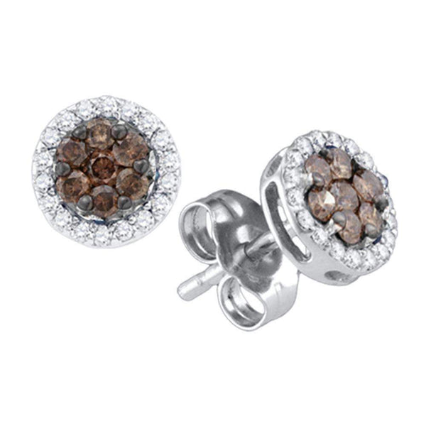 10k White Gold Women's Cognac-brown Diamond Flower Cluster Screwback Stud Earrings - FREE Shipping (US/CA)-Gold & Diamond Earrings-JadeMoghul Inc.