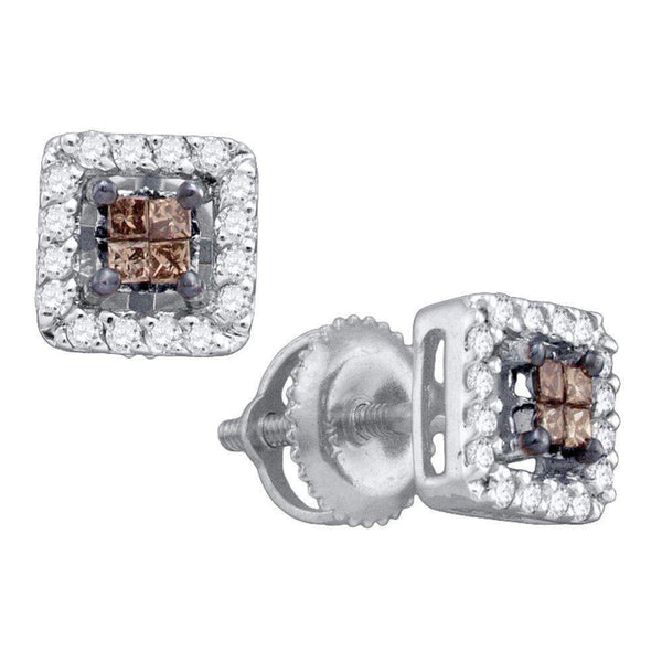 10k White Gold Women's Cognac-brown Princess Diamond Stud Square Screwback Earrings - FREE Shipping (US/CA)-Gold & Diamond Earrings-JadeMoghul Inc.