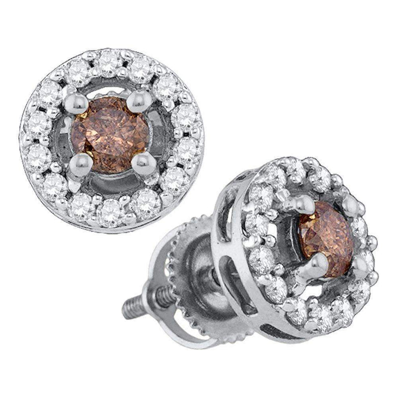 10k White Gold Women's Cognac-brown Round Diamond Screwback Stud Earrings - FREE Shipping (US/CA)-Gold & Diamond Earrings-JadeMoghul Inc.