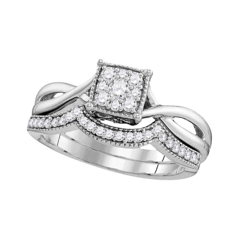 10k White Gold Women's Diamond Flower Cluster Wedding Ring Set - FREE Shipping (US/CA)-Gold & Diamond Wedding Ring Sets-5.5-JadeMoghul Inc.