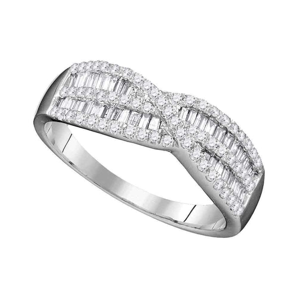 10k White Gold Women's Round Baguette Diamond Crossover Ring - FREE Shipping (US/CA)-Gold & Diamond Bands-7-JadeMoghul Inc.