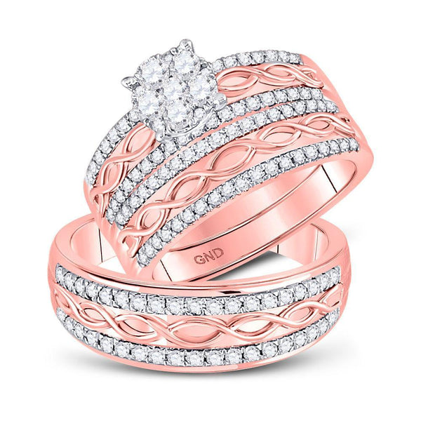 10kt Rose Gold His & Hers Diamond Cluster Twist Matching Bridal Wedding Ring Band Set 1.00 Cttw-Gold & Diamond Wedding Jewelry-JadeMoghul Inc.