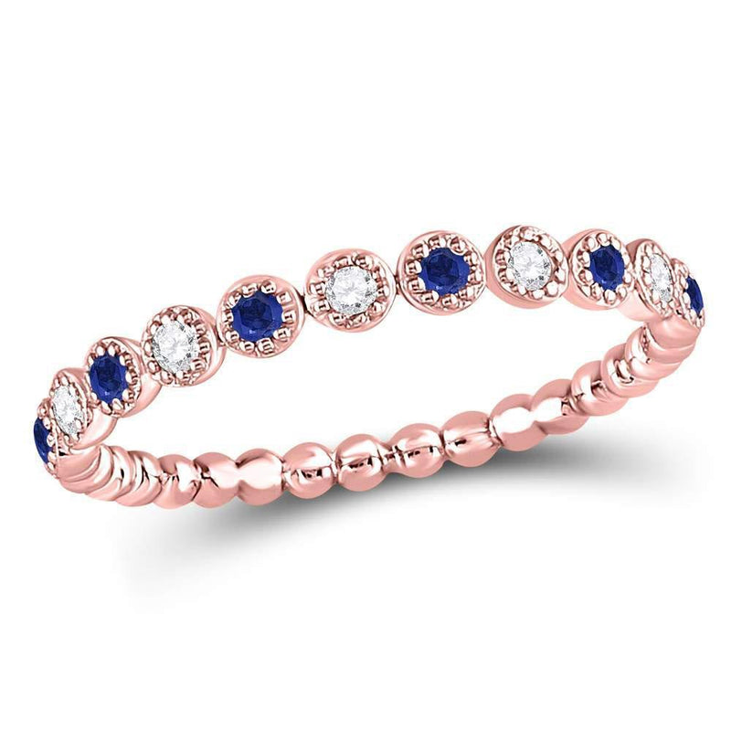 10kt Rose Gold Women's Blue Sapphire Diamond Beaded Dot Stackable Band Ring 1/6 Cttw-Gold & Diamond Rings-JadeMoghul Inc.