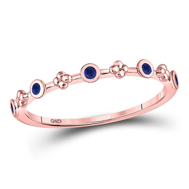 10kt Rose Gold Women's Blue Sapphire Dot Flower Stackable Band Ring 1/12 Cttw-Gold & Diamond Rings-JadeMoghul Inc.