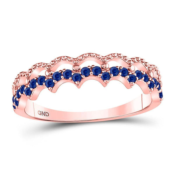 10kt Rose Gold Women's Blue Sapphire Scalloped Stackable Band Ring 1/4 Cttw-Gold & Diamond Rings-JadeMoghul Inc.