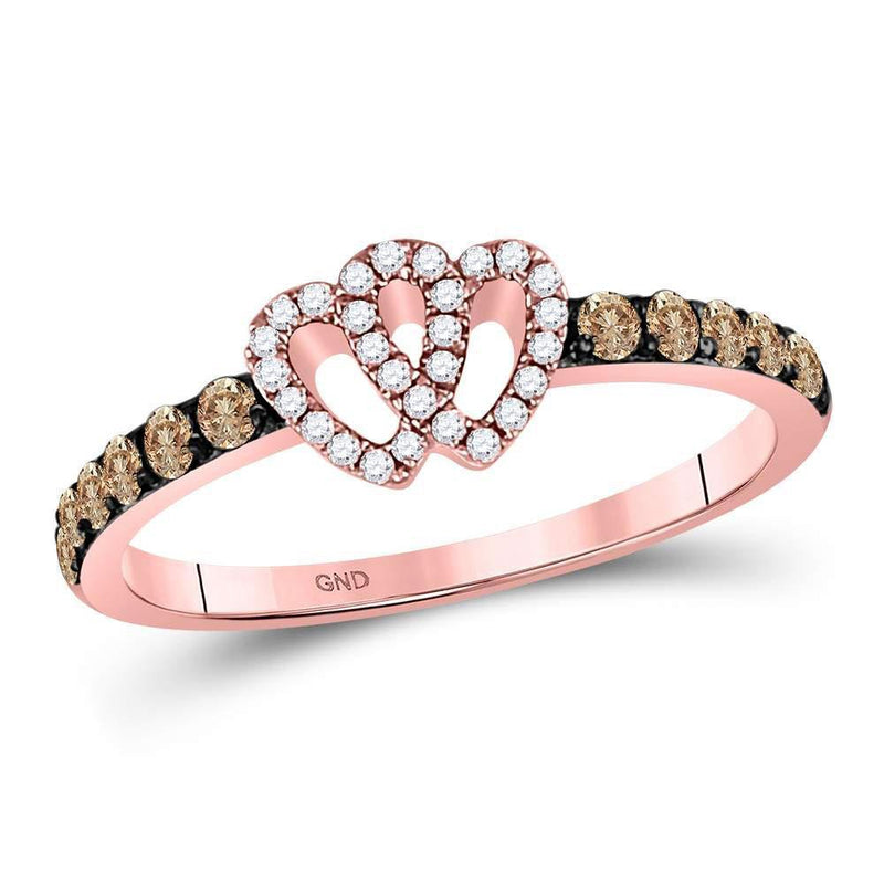 10kt Rose Gold Women's Brown Color Enhanced Diamond Double Heart Ring 1/4 Cttw-Gold & Diamond Rings-JadeMoghul Inc.