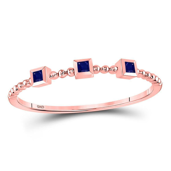 10kt Rose Gold Women's Princess Blue Sapphire 3-Stone Beaded Stackable Band Ring 1/20 Cttw-Gold & Diamond Rings-JadeMoghul Inc.