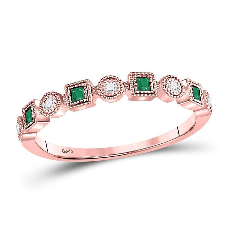 10kt Rose Gold Women's Princess Emerald Diamond Dot Milgrain Stackable Band Ring 1/8 Cttw-Gold & Diamond Rings-JadeMoghul Inc.