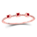 10kt Rose Gold Women's Princess Ruby 3-Stone Beaded Stackable Band Ring 1/20 Cttw-Gold & Diamond Rings-JadeMoghul Inc.