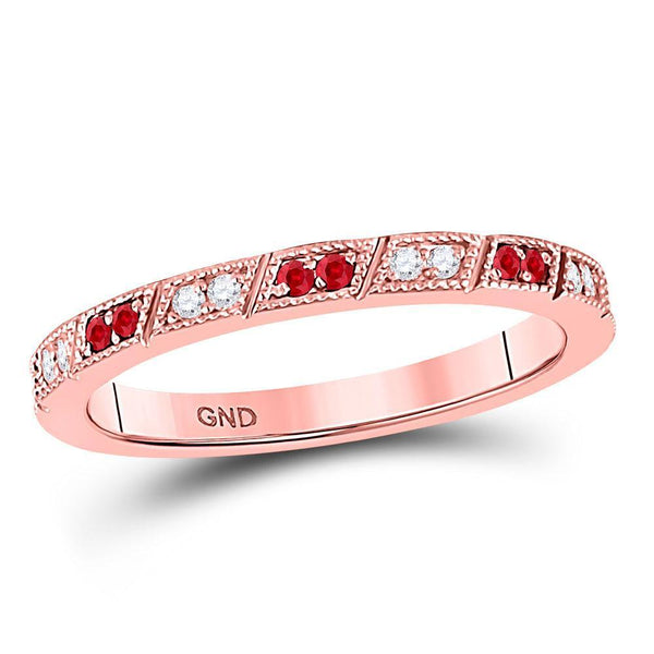 10kt Rose Gold Women's Ruby Diamond Milgrain Stackable Band Ring 1/4 Cttw-Gold & Diamond Rings-JadeMoghul Inc.