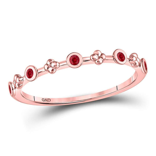10kt Rose Gold Women's Ruby Dot Flower Stackable Band Ring 1/12 Cttw-Gold & Diamond Rings-JadeMoghul Inc.