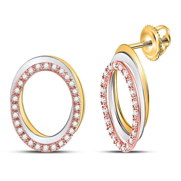10kt Tri-Tone Gold Women's Diamond Oval Stud Earrings 1/5 Cttw-Gold & Diamond Earrings-JadeMoghul Inc.