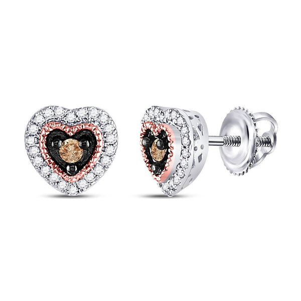 10kt Two-tone Gold Women's Brown Color Enhanced Diamond Heart Earrings 1/5 Cttw-Gold & Diamond Earrings-JadeMoghul Inc.