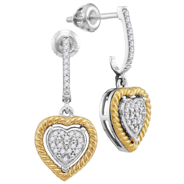 10kt Two-tone Gold Women's Diamond Rope Heart Dangle Earrings 1/8 Cttw-Gold & Diamond Earrings-JadeMoghul Inc.