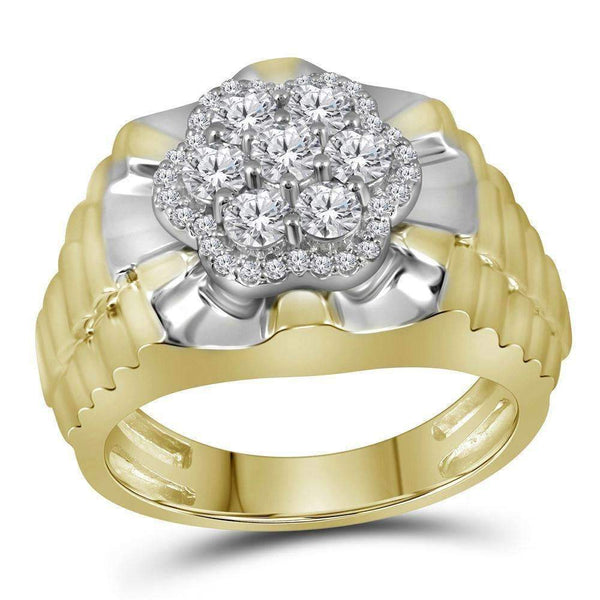 10kt Two-tone Yellow White Gold Men's Round Diamond Flower Cluster Ribbed Ring 1.00 Cttw - FREE Shipping (US/CAN)-Gold & Diamond Men Rings-8-JadeMoghul Inc.