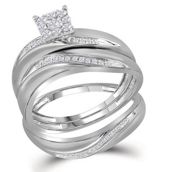 10kt White Gold His & Hers Diamond Cluster Matching Bridal Wedding Ring Band Set 1/5 Cttw-Gold & Diamond Wedding Jewelry-JadeMoghul Inc.
