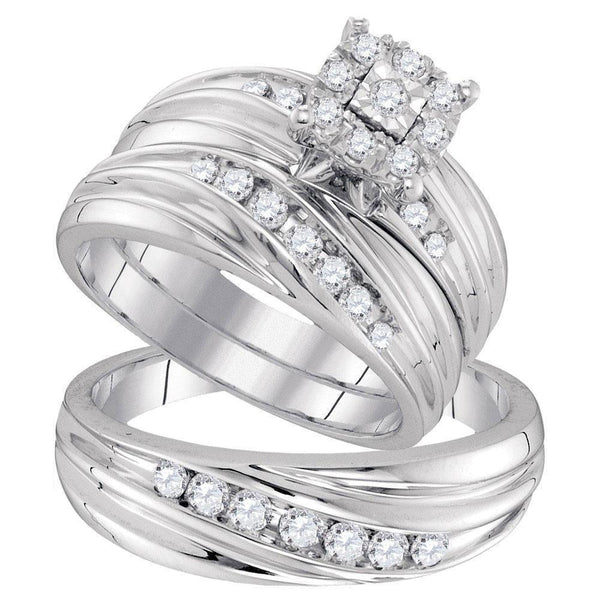 10kt White Gold His & Hers Diamond Cluster Matching Bridal Wedding Ring Band Set 5/8 Cttw-Gold & Diamond Wedding Jewelry-JadeMoghul Inc.