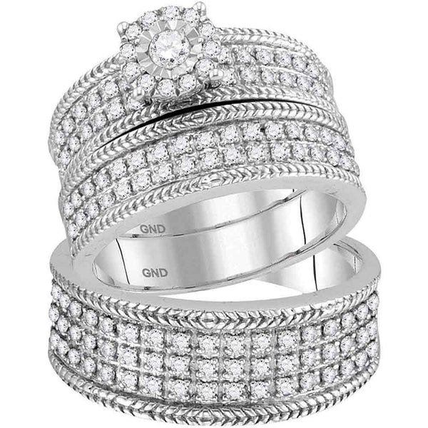 10kt White Gold His & Hers Diamond Solitaire Wheat-accent Matching Bridal Wedding Ring Set 7/8 Cttw-Gold & Diamond Wedding Jewelry-JadeMoghul Inc.