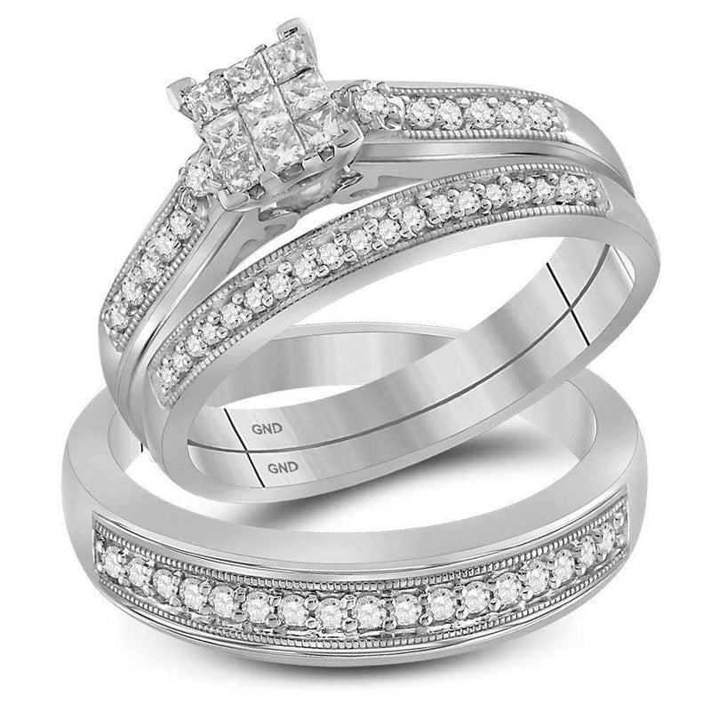 10kt White Gold His & Hers Princess Diamond Cluster Matching Bridal Wedding Ring Band Set 1/2 Cttw - FREE Shipping (US/CAN)-Gold & Diamond Trio Sets-6-JadeMoghul Inc.