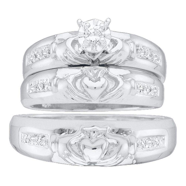 10kt White Gold His & Hers Round Diamond Claddagh Matching Bridal Wedding Ring Band Set 1/8 Cttw - FREE Shipping (US/CAN)-Gold & Diamond Trio Sets-5-JadeMoghul Inc.