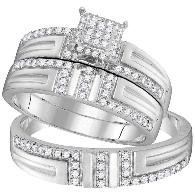 10kt White Gold His & Hers Round Diamond Cluster Matching Bridal Wedding Ring Band Set 1-2 Cttw - FREE Shipping (US/CAN)-Gold & Diamond Trio Sets-JadeMoghul Inc.
