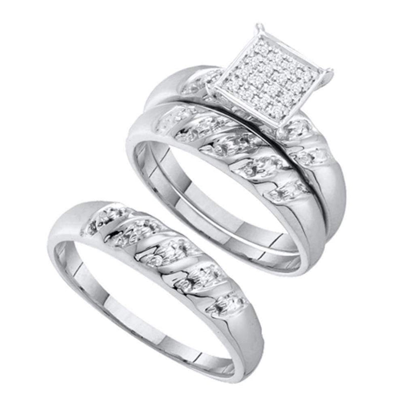 10kt White Gold His & Hers Round Diamond Cluster Matching Bridal Wedding Ring Band Set 1/12 Cttw - FREE Shipping (US/CAN)-Gold & Diamond Trio Sets-5-JadeMoghul Inc.