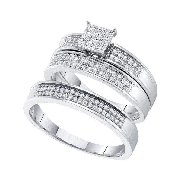 10kt White Gold His & Hers Round Diamond Cluster Matching Bridal Wedding Ring Band Set 1/3 Cttw - FREE Shipping (US/CAN)-Gold & Diamond Trio Sets-5-JadeMoghul Inc.