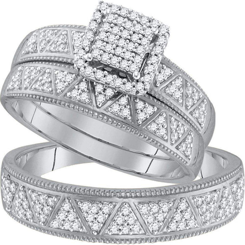 10kt White Gold His & Hers Round Diamond Square Cluster Matching Bridal Wedding Ring Band Set 1/2 Cttw - FREE Shipping (US/CAN)-Gold & Diamond Trio Sets-5-JadeMoghul Inc.
