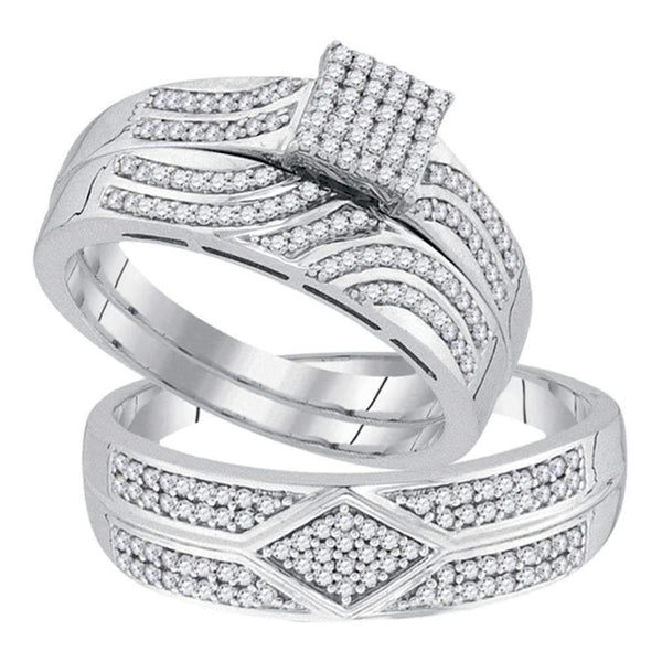 10kt White Gold His & Hers Round Diamond Square Cluster Matching Bridal Wedding Ring Band Set 1/3 Cttw - FREE Shipping (US/CAN)-Wedding Jewelry-5-JadeMoghul Inc.