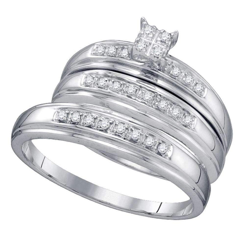 10kt White Gold His & Hers Round Diamond Square Cluster Matching Bridal Wedding Ring Band Set 1/5 Cttw - FREE Shipping (US/CAN)-Wedding Jewelry-5-JadeMoghul Inc.