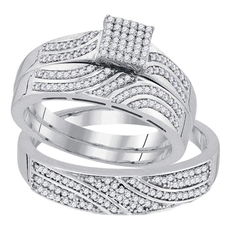 10kt White Gold His & Hers Round Diamond Square Cluster Matching Bridal Wedding Ring Band Set 3/8 Cttw - FREE Shipping (US/CAN)-Wedding Jewelry-5-JadeMoghul Inc.