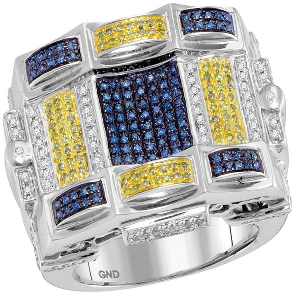 10kt White Gold Mens Blue Yellow Color Enhanced Diamond Checkered Cluster Ring 7/8 Cttw-Gold & Diamond Men Rings-JadeMoghul Inc.