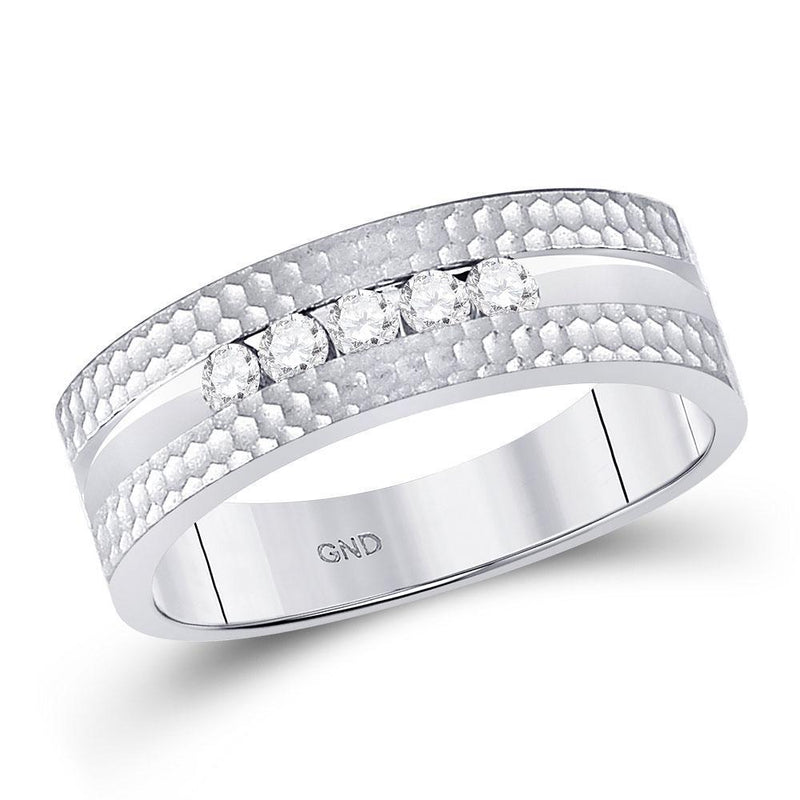 10kt White Gold Mens Diamond Single Row Hammered Wedding Band Ring 1/4 Cttw-Gold & Diamond Men Rings-JadeMoghul Inc.