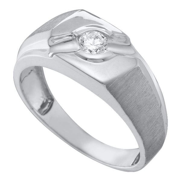 10kt White Gold Mens Diamond Solitaire Satin-finish Ring 1/4 Cttw-Gold & Diamond Men Rings-JadeMoghul Inc.