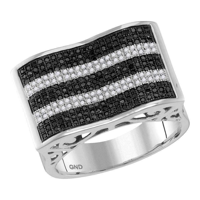 10kt White Gold Men's Round Black Color Enhanced Diamond Rectangle Stripe Cluster Ring 7/8 Cttw - FREE Shipping (US/CAN)-Gold & Diamond General-8-JadeMoghul Inc.