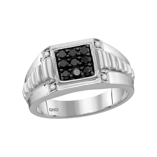 10kt White Gold Men's Round Black Color Enhanced Diamond Square Cluster Ribbed Shank Ring 1/2 Cttw - FREE Shipping (US/CAN)-Men's Rings-8-JadeMoghul Inc.